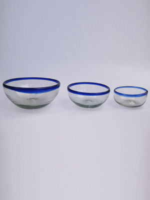 Sale Items / Cobalt Blue Rim Three Sizes Snack Bowls (set of 3) / Large, medium & small cobalt blue rim snack bowls. Great for serving peanuts, chips or pretzels in stylish fashion. 